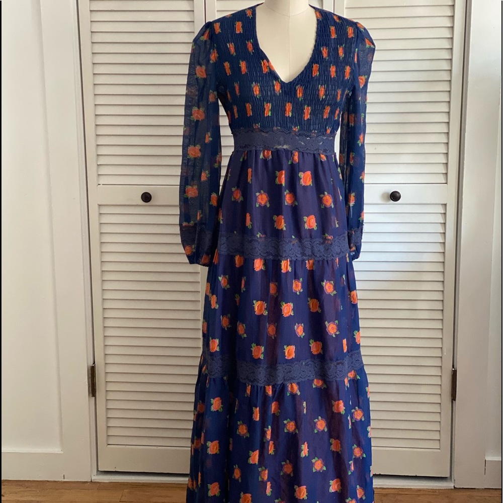 Vintage Blue Floral Voile Maxi Dress M - Picture 1 of 4